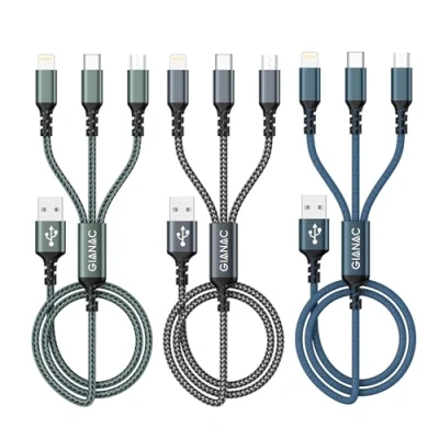 Bild av GIANAC Multi USB kabel [3 delar 1,2 m] 3 i 1 universell laddningskabel snabbladdningskabel flera laddningskablar med mikro typ C Lightning för iPhone, Android Galaxy, Huawei