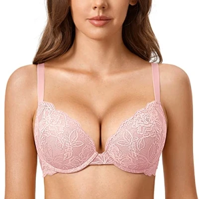 Bild av DOBREVA Push up bh med spets för kvinnor Sexy Plunge Vadderad bygelhållare Stödbehå Lift Gentle Rose 70E