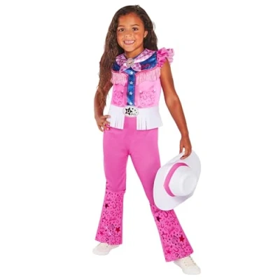 Bild av Rubies Barbie Cowboy kostym klassisk för flickor och pojkar, digitaltryckt jumpsuit i rosa med hatt, officiell Mattel karneval, Halloween, födelsedag, jul