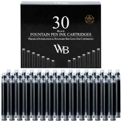 Bild av Wordsworth &amp; Black reservoarpenna bläckpåfyllningar set med 30 svarta bläckpatroner internationell standardstorlek längd APPR 2,04 tum basdiameter 0,64 engångs och generisk
