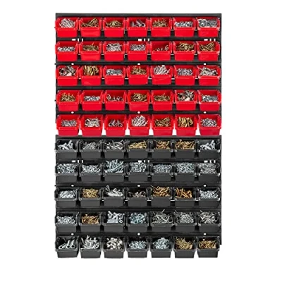 Bild av KADAX Verkstadsvägghylla, 58 x 78 cm förvaringssystem av robust plast, UV resistent verkstadshylla, utbyggbara väggplattor, sorteringshylla för garage (svart och röd, 70 delar)