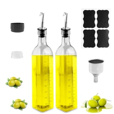 Bild av Gvolatee 2 x olivoljedispenser med 500 ml hällpip, rostfritt ståltratt, etiketter, glasvinägerbehållare för kök, grill, bakning, sallad