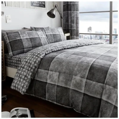 Bild av GC GAVENO CAVAILIA Lyxig DENIM rutig sänguppsättning med påslakan och kuddfodral, polyesterbomull, grå, enkel Single (135 x 200cm)