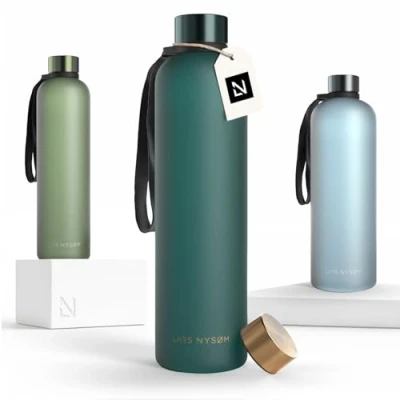 Bild av LARS NYSØM Vattenflaska 1l Ultralätt Tritan Sportflaska läckagesäker, kolsyrad lämplig för sport, kontor, yoga 2 lock ingår (Green Gold, 1000ml)