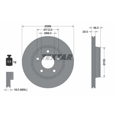 Bild av TEXTAR 92037100 Disque de frein 269 20 05/05 112 ventilé l&#039;extérieur sans boulon fix roue, moyeu roue AUDI: A8 D2, 200 C3 Berline