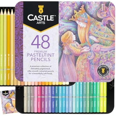 Bild av Castle Art Supplies Set med 48 pastellfärgade pennor, kvalitetsfärger i mjuka, praktfulla toner för professionella och vuxna konstnärer, skyddade organiserade en presentationslåda