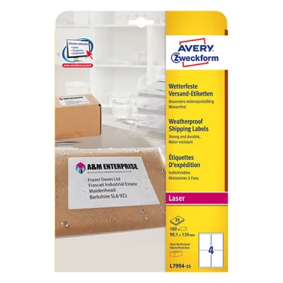 Bild av AVERY Zweckform L7994 25 väderbeständiga fraktetiketter/fraktklistermärken (100 etiketter, 99,1 x 139 mm på A4, tryckbar, självhäftande, för paket, paket och fraktrullar) ark, vit