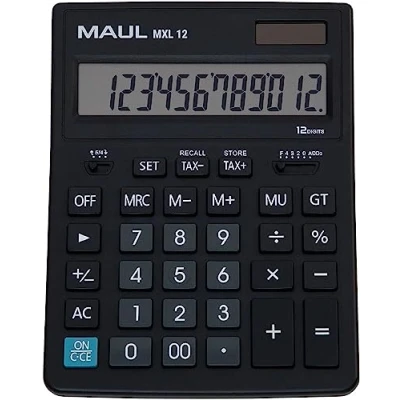 Bild av Maul Köpmansk Miniräknare Mxl12, Med 12 Siffror, inklusive Skatt Beräkning, Stor: 20,5 x 15,5 cm, Vinklad Display, Professionell Bordsräknare, Sol/Batteri, Svart