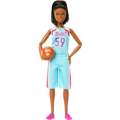 Bild av Barbie Made to Move docka med tillbehör, brunhårig basketspelare klädd i avtagbar dräkt boll, 22 böjbara leder, HKT74