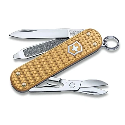 Bild av VICTORINOX Fickkniv Classic Precious Alox, 5 funktioner, multiverktyg med sax, skruvmejsel, nyckelring, inklusive presentförpackning, mässing guld