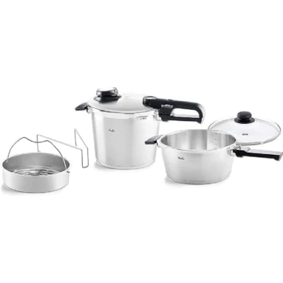 Bild av Fissler Vitavit Premium Tryckkokar set i 5 delar (6 l Ø 22 cm och snabbstekpanna 3,5 cm) inkl. metallock, glaslock insats, för induktionshäll