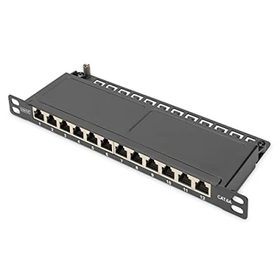 Bild av DIGITUS Cat 6A Patchpanel 12 portar RJ45 uttag 10 tums rackmontering 0,5U LSA distributionspanel Skärmad Svart