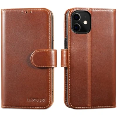 Bild av Lensun Fodral för iPhone 12 Mini plånboksfodral i äkta läder, med RFID blockering och magnetstängning Mörkbrun