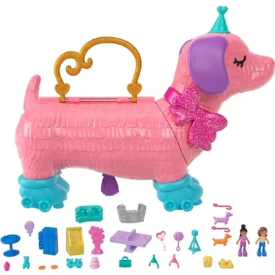 Bild av POLLY POCKET valpkalas födelsedagskalas på rullskridskor, 2 dockor, 26 tillbehör, DJ bås, rullskridskobana, dansgolv, bärhandtag, för barn från 4 år, HKV54