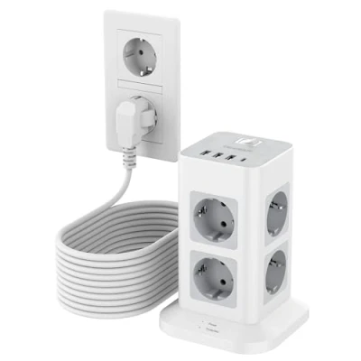 Bild av TESSAN Strömuttag med 8 uttag USB C, 10 meters förlängningsuttag, överbelastningsskyddsuttag 3 A och Vertikalt grenuttag strömbrytare, 600 W