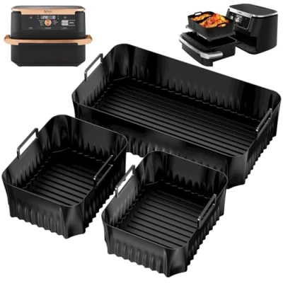 Bild av Chiluxendo 3 st luftfritöskorg, återanvändbar silikonpanna för luftfritös, rektangulär luftfrysbehållare tillbehör, Airfryer korg, mikrovågsugn, ugn