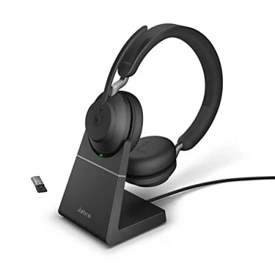 Bild av Jabra Evolve2 65 trådlöst headset med laddningsstation Bullerdämpande Microsoft Teams certifierade stereohörlurar lång batteritid USB A Bluetooth adapter svart