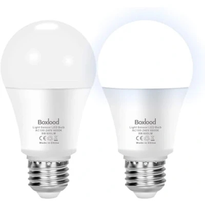 Bild av Boxlood gryning till skymning glödlampor, 9 W 60 Watt ekvivalent E27 ljussensor LED dagsljus 6 000 K, smart automatisk på/av, 800 LM utomhus inomhusbelysning glödlampa för veranda trädgård