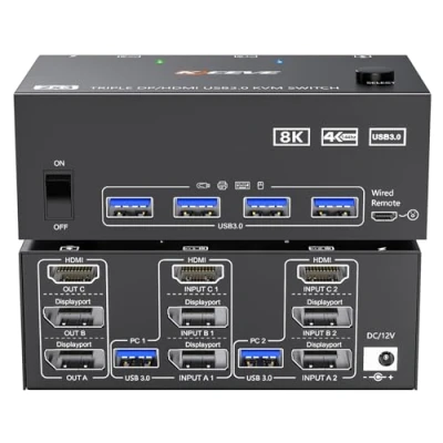 Bild av HDMI + 2 Displaytport KVM Switch 3 Skärmar Datorer 8K@60Hz 4K@144Hz, MLEEDA Delade Bildskärmar och 4 USB 3.0 Portar, 12V Ström, Trådbunden Fjärrkontroll 5 Kablar