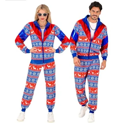 Bild av W WIDMANN Kostym, träningsoverall med julmotiv, blå, God julfest, juldräkt, Xmas, 80 tals outfit, joggingdräkt