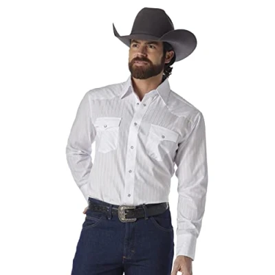 Bild av Wrangler herr sport western två fickor långärmad tryckknapp ner skjortor, Vitt, L