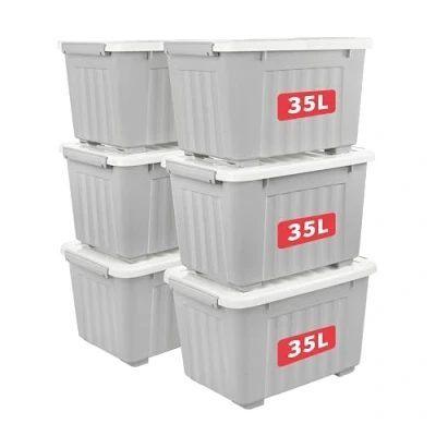 Bild av Cetomo 35 L x 6 förvaringslådor med hjul, plastförvaringslåda lock, spärrspännen, klickstängning, stapelbar, kapsling, hållbar organisatör för hemmakontorskläder, grå, pack