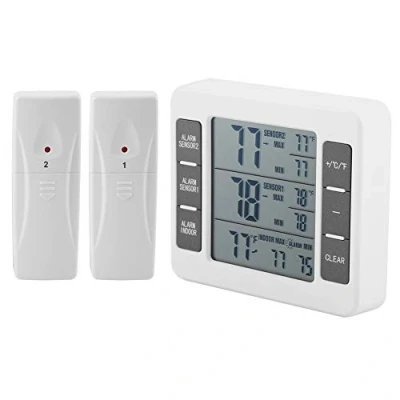 Bild av MAGT Kylskåpstermometer, trådlöst digitalt akustiskt larm, kylskåp, frys, termometer med 2 stycken sensorer, min/max display för hem, restauranger, osv. (färg: vit)