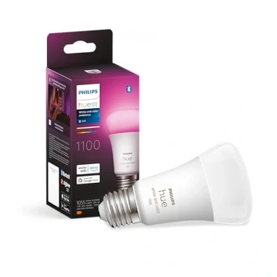 Bild av Philips Hue White and Color Ambiance ljuskälla E27, LED 9W, 1100 lumen, 2200 6500 Kelvin, 16 miljoner färger, Zigbee &amp; BT, livslängd 25000 timmar, röststyrning via Amazon Alexa, Google Home Assistant