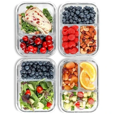 Bild av Matlåda i glas med 2 och 3 fack (4 pack, 1 000 ml) förvaringslåda lock, lunchlåda glas, bentolåda portionsfack, lufttät.
