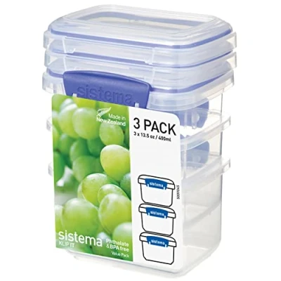 Bild av Sistema KLIP IT Matförvaringsbehållare 400 ml stapelbara matberedningsbehållare med lock BPA fri blå klämmor 3 st
