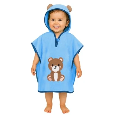 Bild av LAYNENBURG Premium badponcho för barn med huva 100 % bomull OEKO TEX baby pojkar flickor handduk poncho frotté, Blå björn, 1 3 år