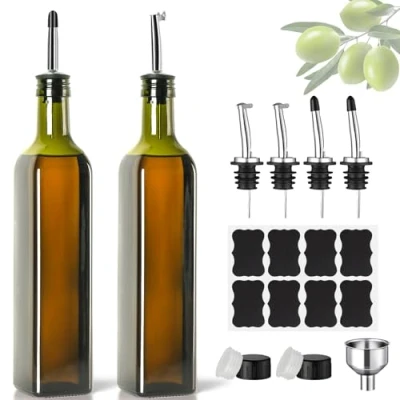 Bild av Oljeflaska, 2 x 500 ml vinäger och oljedispenser, olivoljeflaska med tratt, startskyddat lock, etikett, glasflaska för kök BBQ (grön, ml)