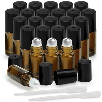 Bild av Belle Vous Eteriska Oljor Roller Flaska (24 Pack) 3 ml Bärnstensflaska Påfyllbar med och Kula av Rostfritt Stål &amp; Plastpipetter för Oljor, Dofter/Parfymer, Aromaterapi