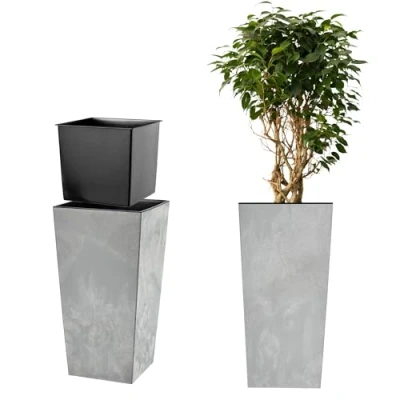 Bild av KADAX Växtkruka plastbehållare för inomhus och utomhusbruk, trädgård, balkong, terrass, hus, väderbeständig, rottingimitation (grå betong, 68 cm höjd)