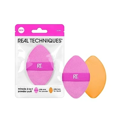 Bild av Real Techniques Miracle 2 In 1 Powder Puff, Dual Sided, Full Size Makeup Blending Reversible Elastic Band, Precision Tip Sponge and For Liquid, Cream Powder, Count