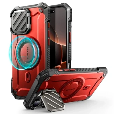 Bild av SUPCASE Fodral för iPhone 16 Pro 6.3‘’ 2024 med Kamerahölje (UBMag XT), [MagSafe kompatibel] [Inbyggt Stativ] Slitstarkt Magnetfodral (Röd)