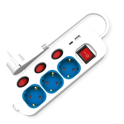 Bild av ROLINE 3 vägs grenuttag med strömbrytare, USB laddare A+C, 1,5 m