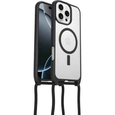 Bild av Otterbox React Series Necklace MagSafe för iPhone 16 Pro Max, ultratunnt, skyddande skal med justerbart och avtagtart halsband, testad till militärstandard, Klar/Svart