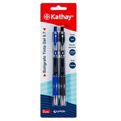 Bild av Kathay 86210599 Pack med 2 Gelpennor, Blå och svart färg, spets 0,7, Klickstängning, Perfekt som skolmaterial