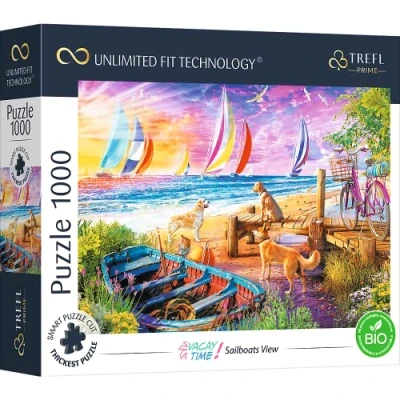 Bild av Trefl Prime UFT Vacay Time Puzzle: Sailboats View 1000 Bitar, Tjockaste Kartong, BIO, Segelbåtar, Strand, Semester, Sommar, Hundar, Solnedgång, Kreativ Underhållning För Vuxna Och Barn Över 12 År
