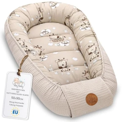 Bild av Babynest nyfödd bo baby 90x50 cm kokong handgjord dubbelsidig gjord av våffelpiké bomullssömn Giraffer