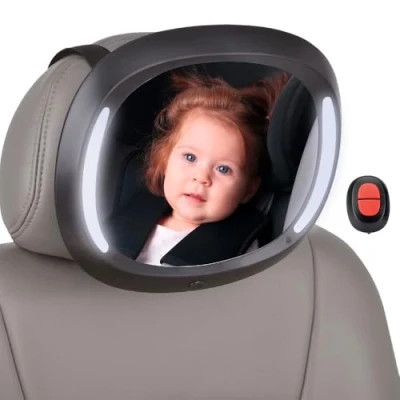 Bild av Baby bilspegel med Interbaby LED ljus okrossbar, 360 rotation, universell justering Baksitsspegel för spädbarn, enkel installation, fjärrkontroll, svart