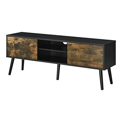 Bild av Tv bänk skåp Mediaförvaring Sidobord Sideboard med 2 Dörrar Öppna Hyllor 5 Ben i Trä Max.20 kg Melaminbelagd Spånskiva Kabelgenomföring Mörk Träfärg Svart 120x29,5x46,5cm