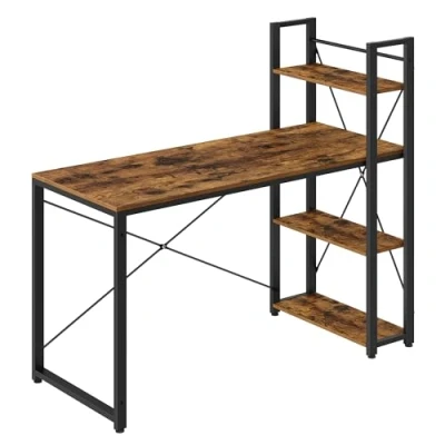 Bild av VASAGLE skrivbord med hyllor vändbara vänster eller höger, 54&quot; längd, datorbord, för hemmakontor, enkel montering, rustik brun och svart LWD049B01