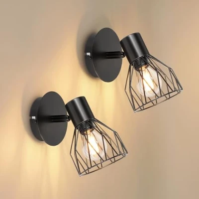 Bild av Dehobo Vägglampor Industriell med E14 Sockel Justerbar Trådbur Skärm Svart Metall Sconce för inomhushem Vardagsrum Sovrum Hall Shop 2 förpackningar