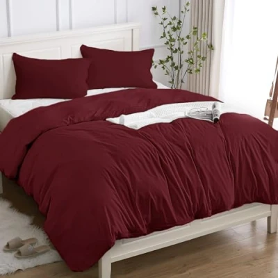 Bild av Påslakan 100% bomull för 2 persons 200x200 (2 örngott 50x80, Kvalitetssängset i 150 GSM certifierad enligt Oeko TEX®, Mjukt, Andningsbart, Hypoallergeniskt Bordeaux