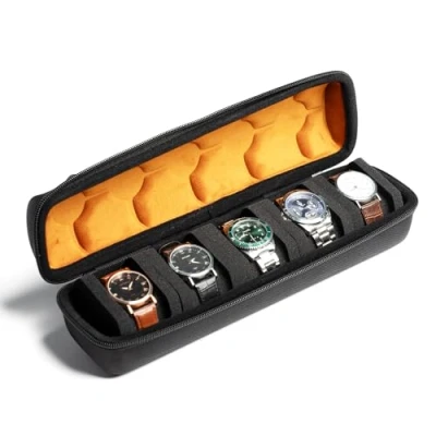 Bild av Hard Watch Roll resefodral, 5 spår blixtlåsfodral förvaring och organiserare för män kvinnor, med anti flyttbar klockkudde (svart mikrofiberfoder)