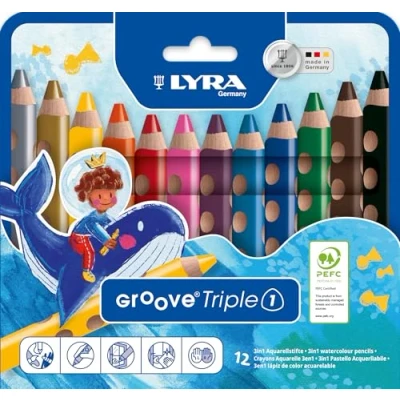 Bild av LYRA Groove Triple One Chunky färgpennor i trä 3 1, 12 blandade färger, perfekt för barn och skolor