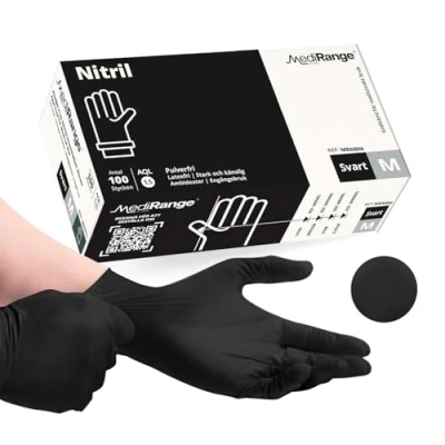 Bild av MediRange svarta nitrilhandskar pulverfri latexfri Medium förpackning med 100