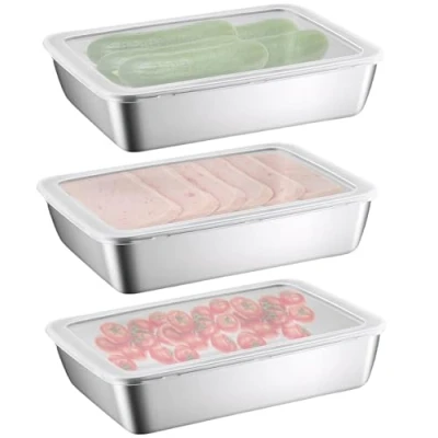 Bild av Nivofu 3 st rostfritt stål måltidslåda matbehållare med plastlock Deli köttbehållare förvaringslåda kylskåp krispare lufttät kakbehållare salladstallrik grönsaksbehållare för